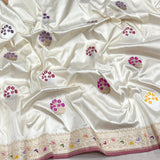 Off white colour pure katan silk handwoven banarasi saree