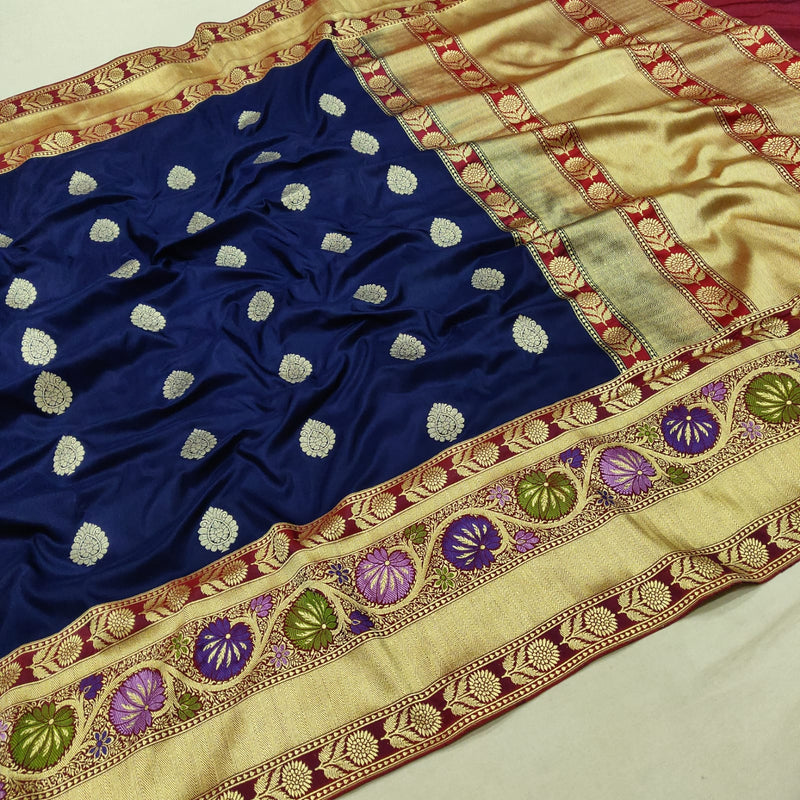 Nevi Blue colour Pure Katan Silk Handwoven Banarasi Saree