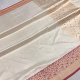 Off white colour pure katan silk handwoven banarasi saree