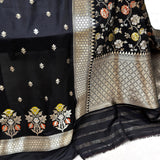 Black colour pure katan silk Handwoven banarasi two piece suit