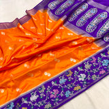 Orange colour pure katan silk handwoven Banarasi saree