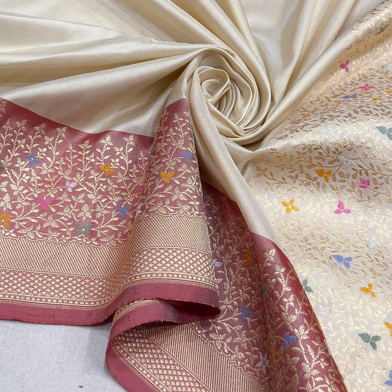 Off white colour pure katan silk handwoven banarasi saree