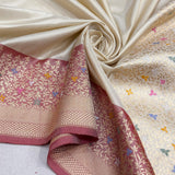 Off white colour pure katan silk handwoven banarasi saree
