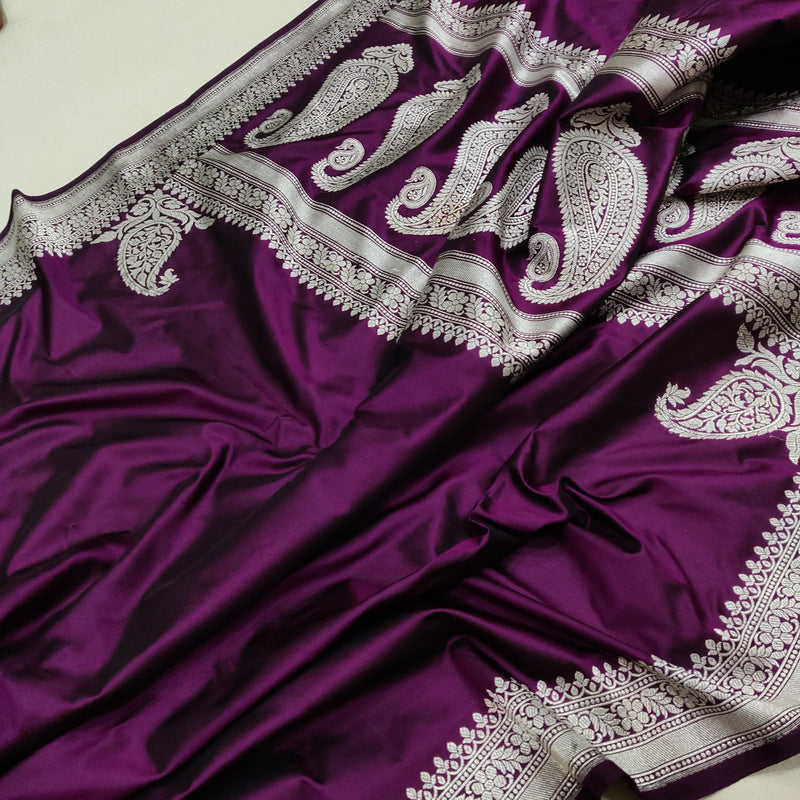 Wine colour pure katan silk Handwoven banarasi saree