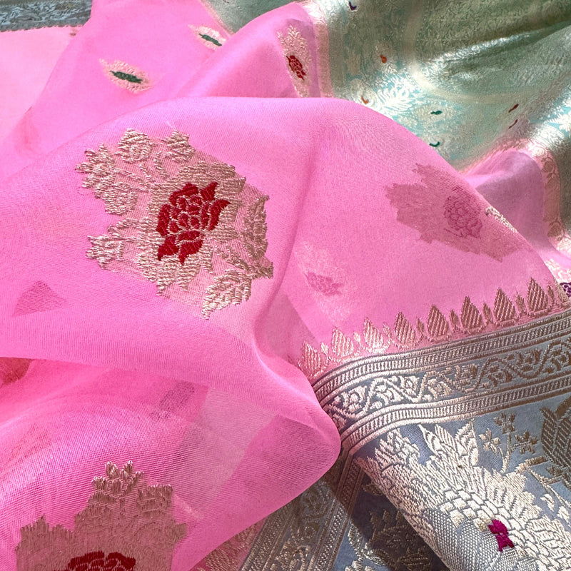 Baby pink colour pure kora Handwoven Banarasi saree