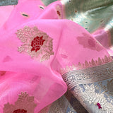 Baby pink colour pure kora Handwoven Banarasi saree