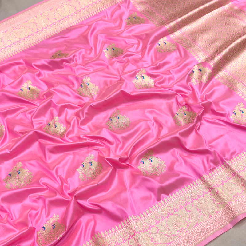 Pink colour pure katan silk handwoven banarasi saree