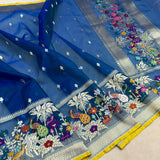 Peacock colour pure kora jamdani Handwoven banarasi saree