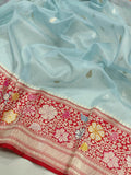 Sky blue colour Pure Kora  Handwoven Banarasi Saree