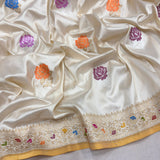 Off white colour pure katan silk handwoven banarasi saree