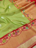 Parrot Green Color Pure Kora Silk Handwoven Banarasi Saree