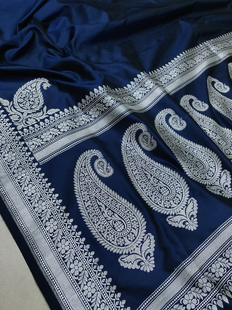 Nevi blue colour pure katan silk Handwoven banarasi saree