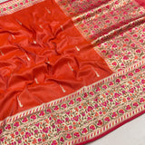 Orange colour pure katan silk Handwoven banarasi saree