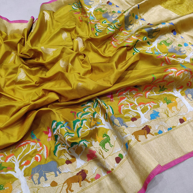 Mustard yellow colour pure katan silk Handwoven banarasi saree