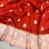 Red colour pure katan silk Handwoven banarasi saree