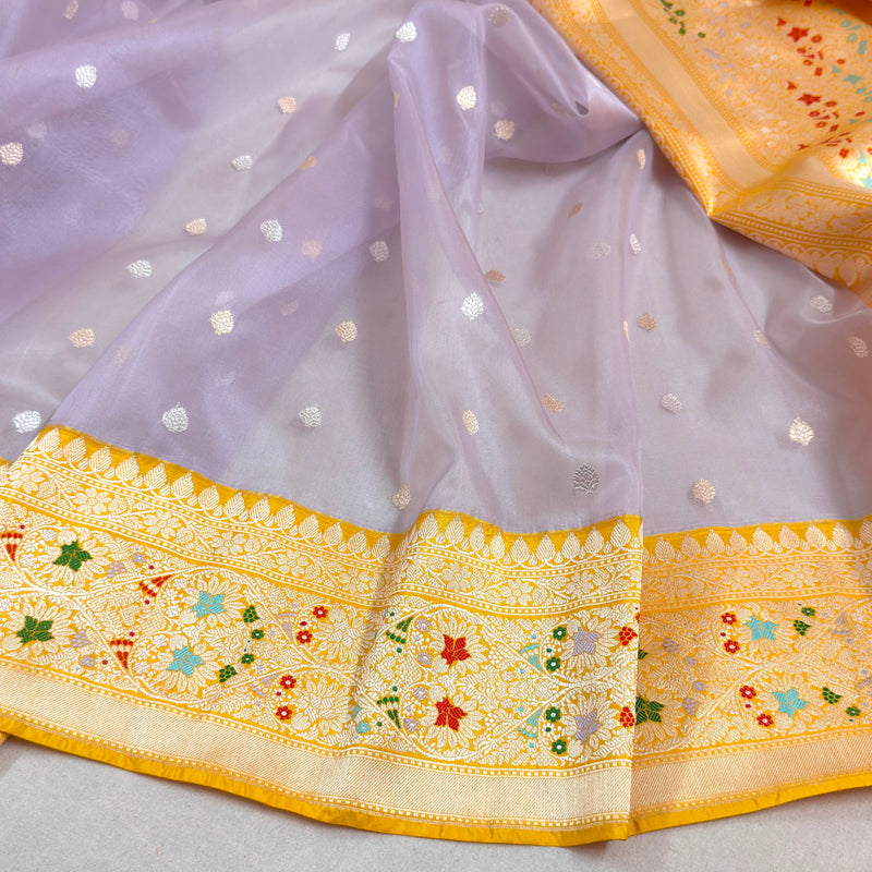 Light lavender colour pure kora handwoven banarasi saree