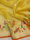 Yellow colour Pure Ektara Kora Silk Handwoven Banarasi Saree