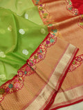 Parrot Green Color Pure Kora Silk Handwoven Banarasi Saree