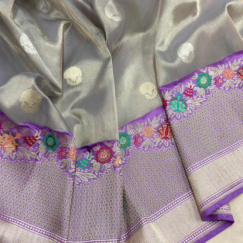 Grey colour pure tissue Handwoven Banarasi saree