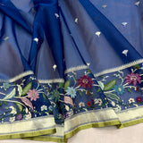 Peacock colour pure kora jamdani handwoven Banarasi saree