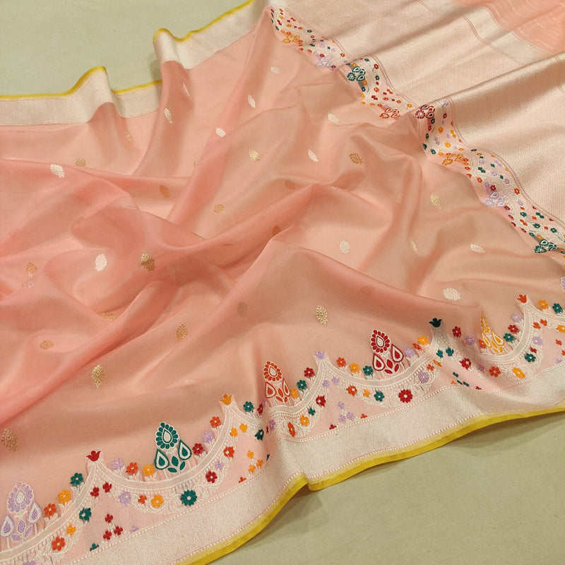 Peach colour Pure Kora Silk Handwoven Banarasi Saree