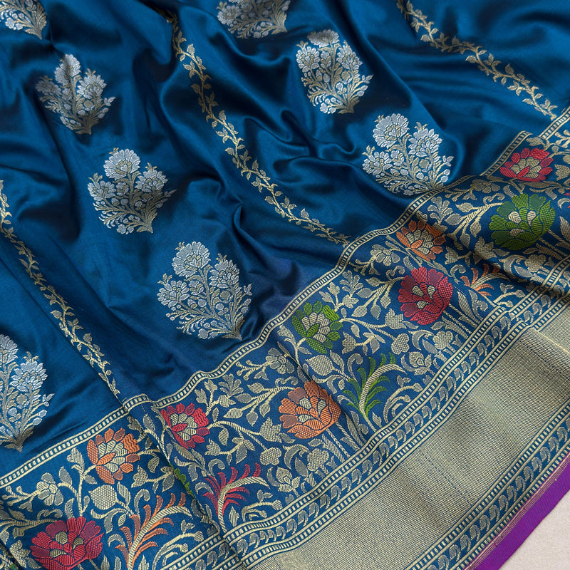 Peacock colour pure katan silk Handwoven banarasi saree