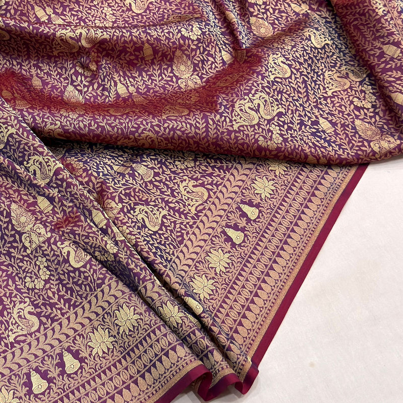Whine colour pure katan silk Handwoven banarasi Tanchoi saree