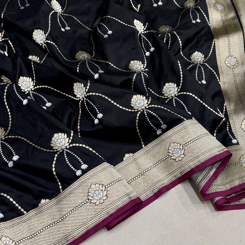 Black colour pure katan silk handwoven banarasi saree