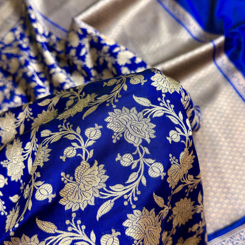 Royal blue colour pure katan silk Handwoven banarasi saree