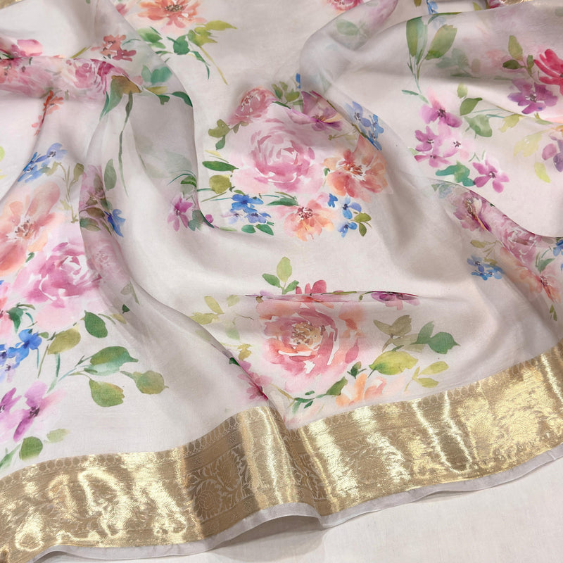 Multicolour pure kora Handwoven Banarasi saree