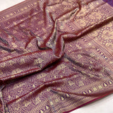 Whine colour pure katan silk Handwoven banarasi Tanchoi saree