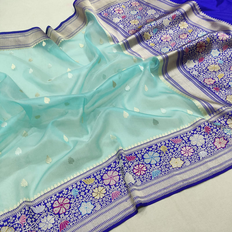 Sky blue colour Pure Kora  Handwoven Banarasi Saree