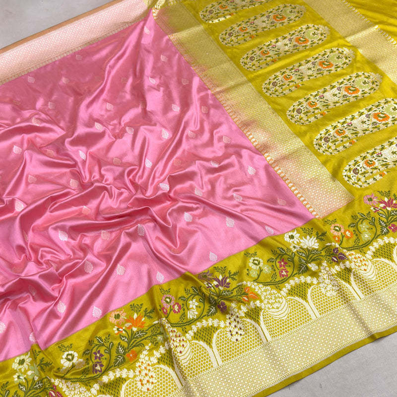 Prink colour pure katan saree handwoven banarasi saree