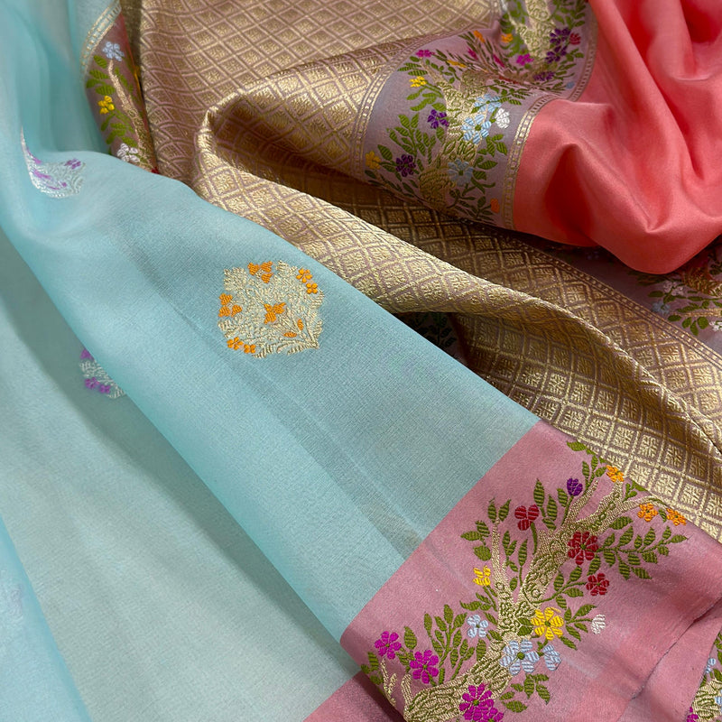 Sky Blue colour pure kora Handwoven Banarasi saree