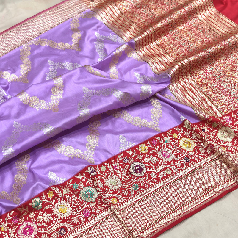Lavender colour pure katan silk Handwoven banarasi saree