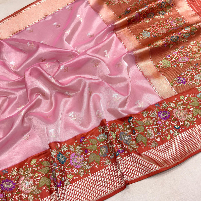 Pink colour pure tissue Handwoven banarasi saree