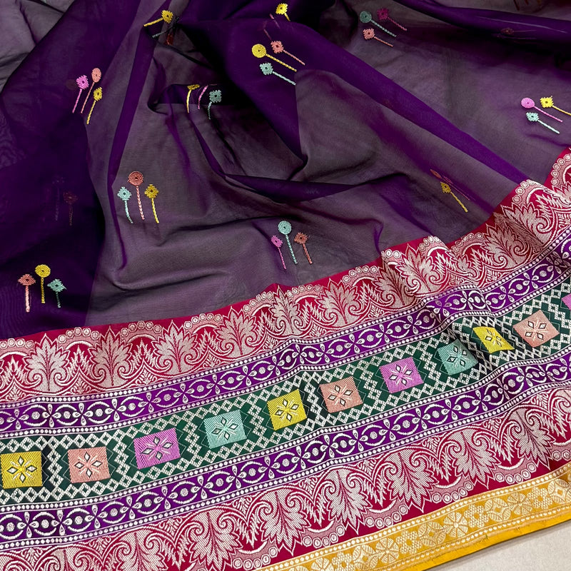 Purple colour pure kora handwoven banarasi saree