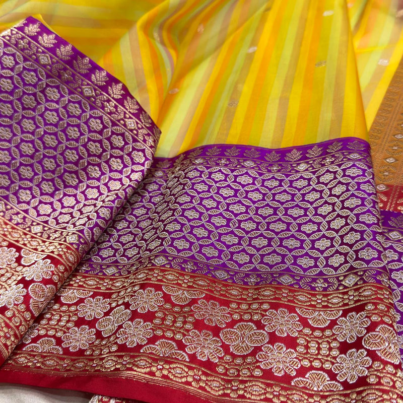 Multicolour Pure kora Handwoven banarasi saree