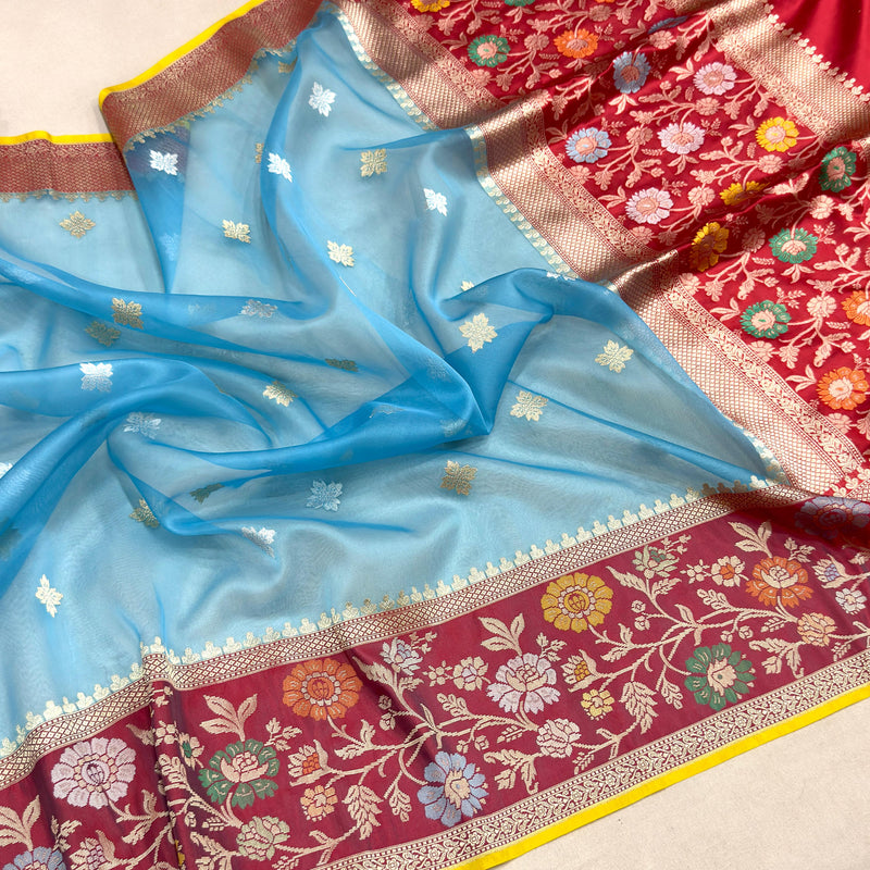 Sky Blue colour pure kora Handwoven Banarasi saree