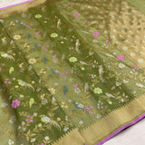 Mehandi green colour pure kora jamdani Handwoven banarasi saree