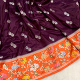 Wine colour pure katan silk Handwoven banarasi saree