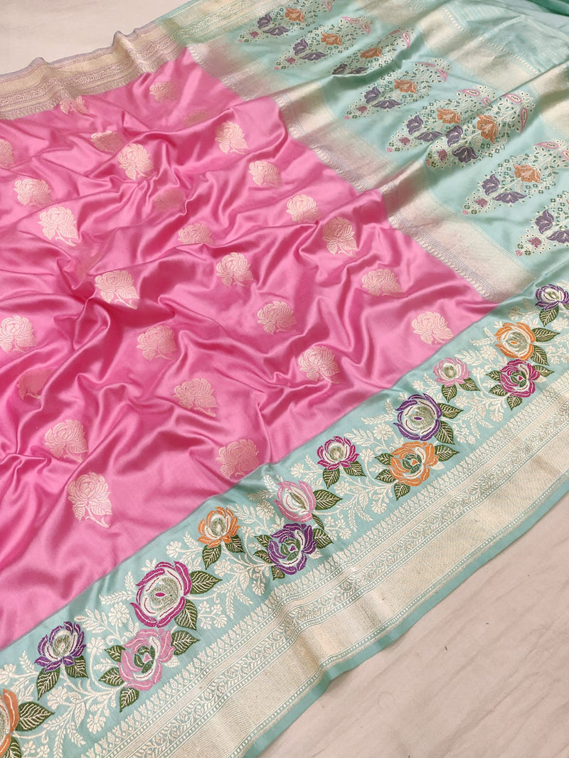 Pink colour pure Katan Silk Handwoven Banarasi Saree