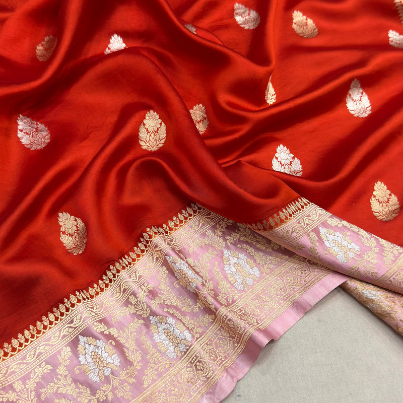 Red colour pure katan silk Handwoven banarasi saree