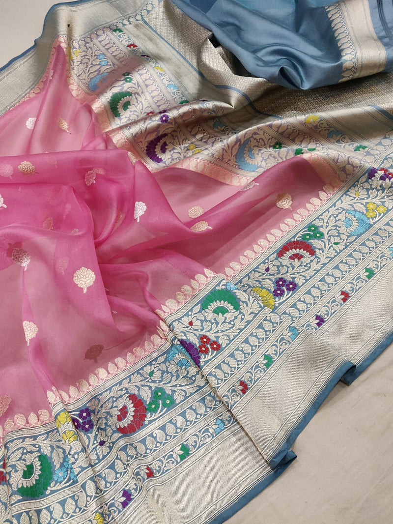 Pink Colour Pure Kora Silk Handwoven Banarasi Saree