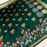Dark green colour pure katan silk handwoven banarasi saree