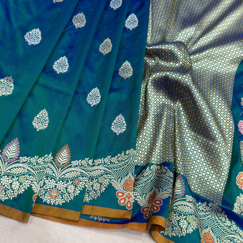 Peacock colour pure katan silk Handwoven banarasi saree