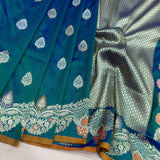 Peacock colour pure katan silk Handwoven banarasi saree