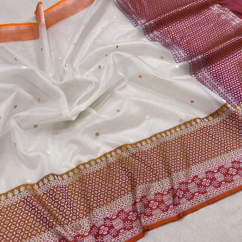 White colour pure Kora handwoven Banarasi saree