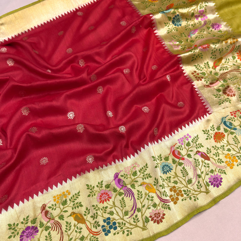 Red colour pure tussar handwoven Banarasi saree