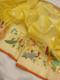 Yellow colour Pure Ektara Kora Silk Handwoven Banarasi Saree